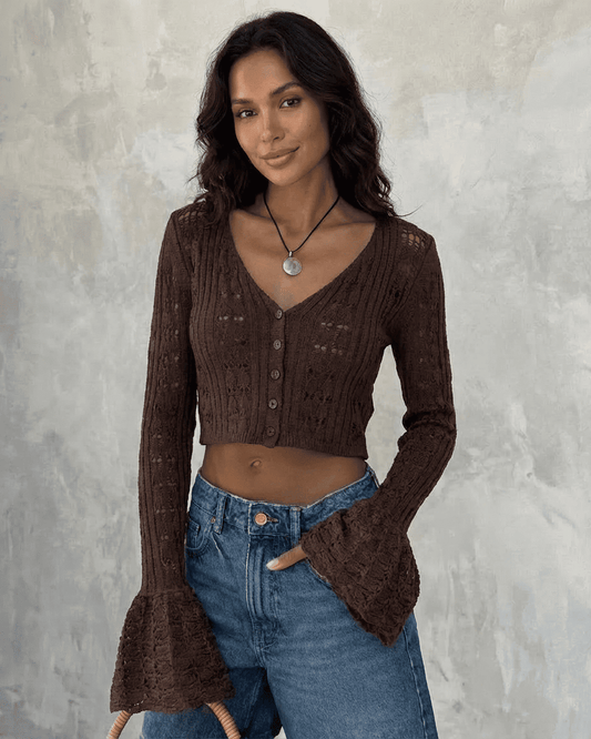Yady Cardigan in brown, featuring a V-neck, openwork design, and stylish cropped sleeves by RAMBLION, perfect for casual wear.