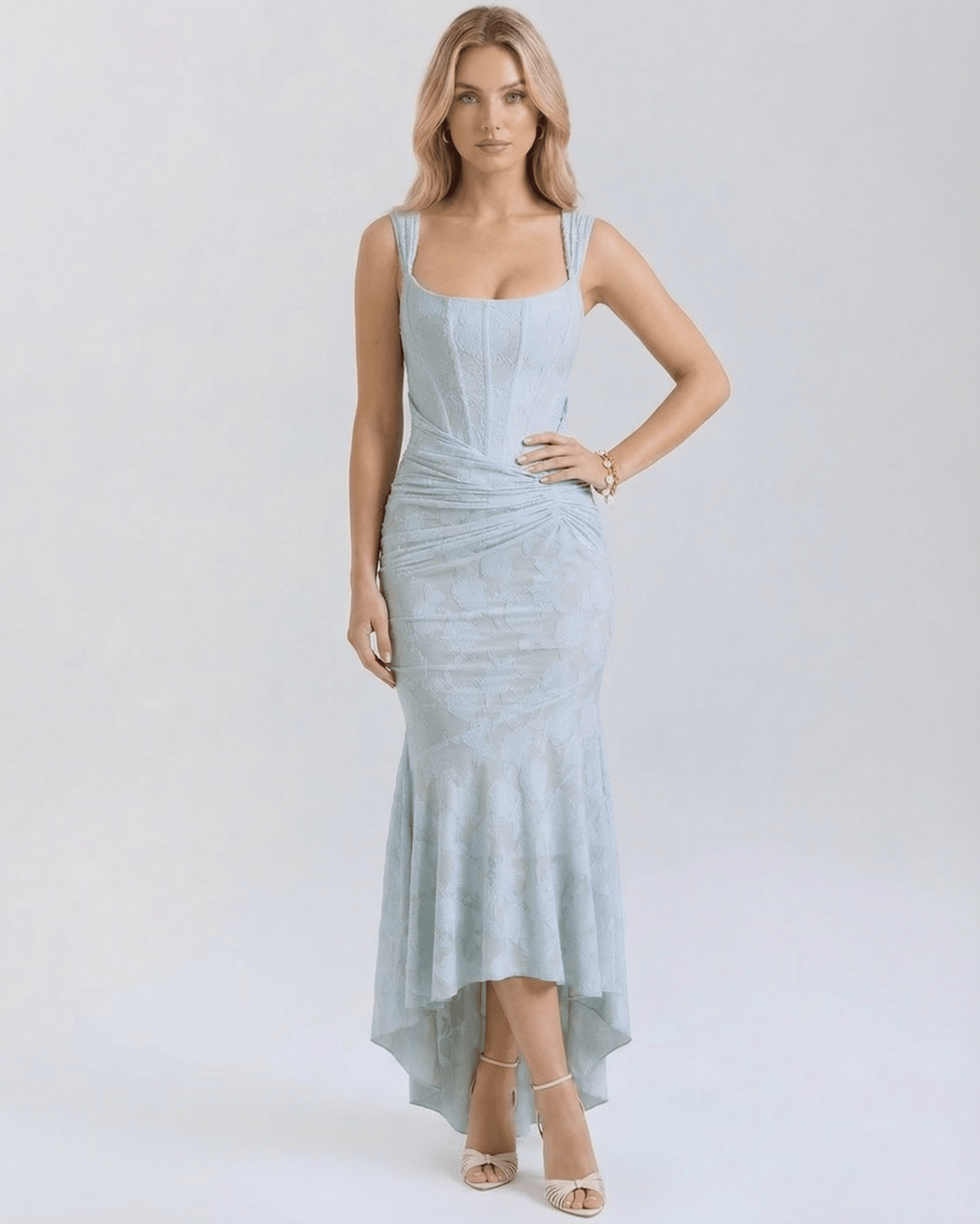 Yafa Maxi Dress in serene blue jacquard, sleeveless design, perfect for elegant occasions. By RAMBLION.