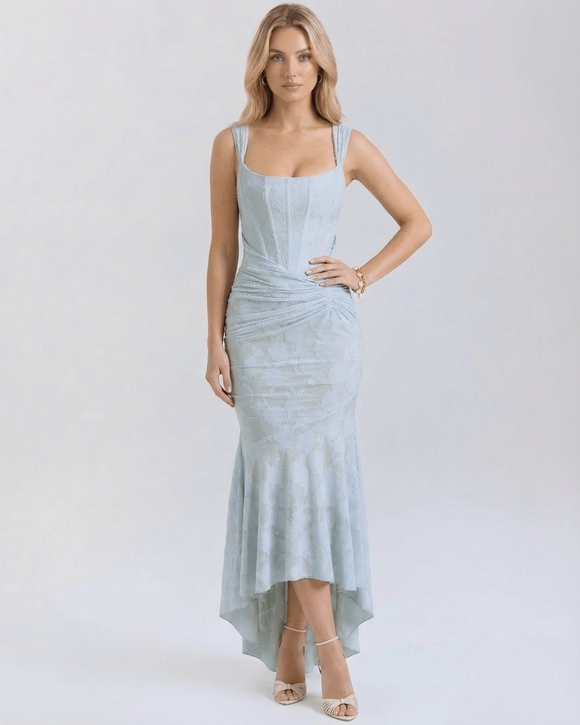 Yafa Maxi Dress in serene blue jacquard, sleeveless design, perfect for elegant occasions. By RAMBLION.