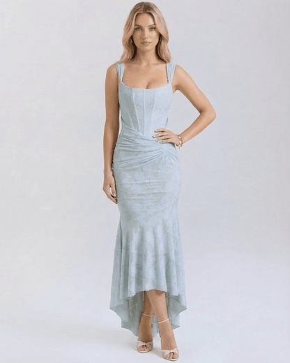 Yafa Maxi Dress in serene blue jacquard, sleeveless design, perfect for elegant occasions. By RAMBLION.