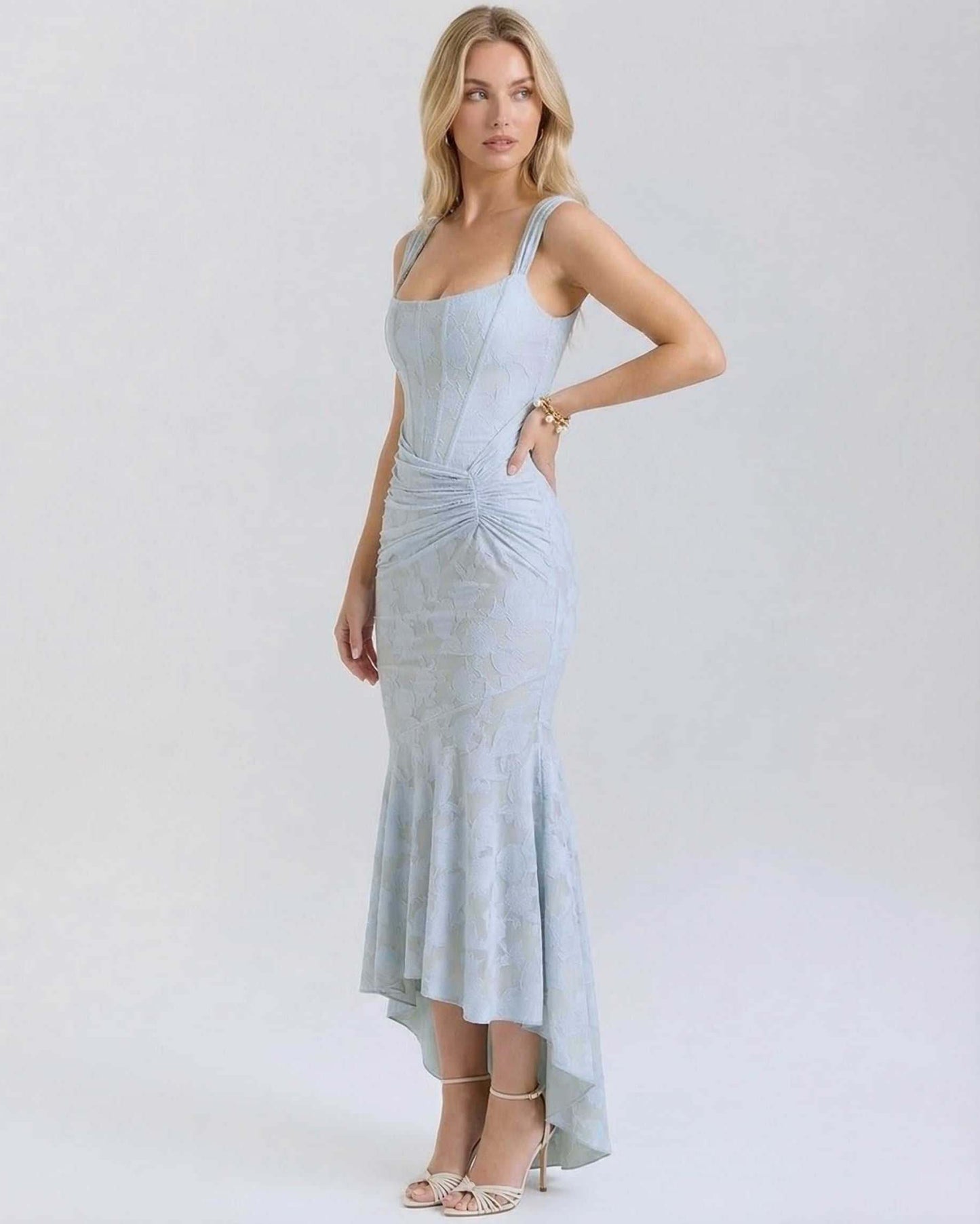 Yafa Maxi Dress in serene blue jacquard fabric, showcasing elegance and sophistication, perfect for special occasions by RAMBLION.