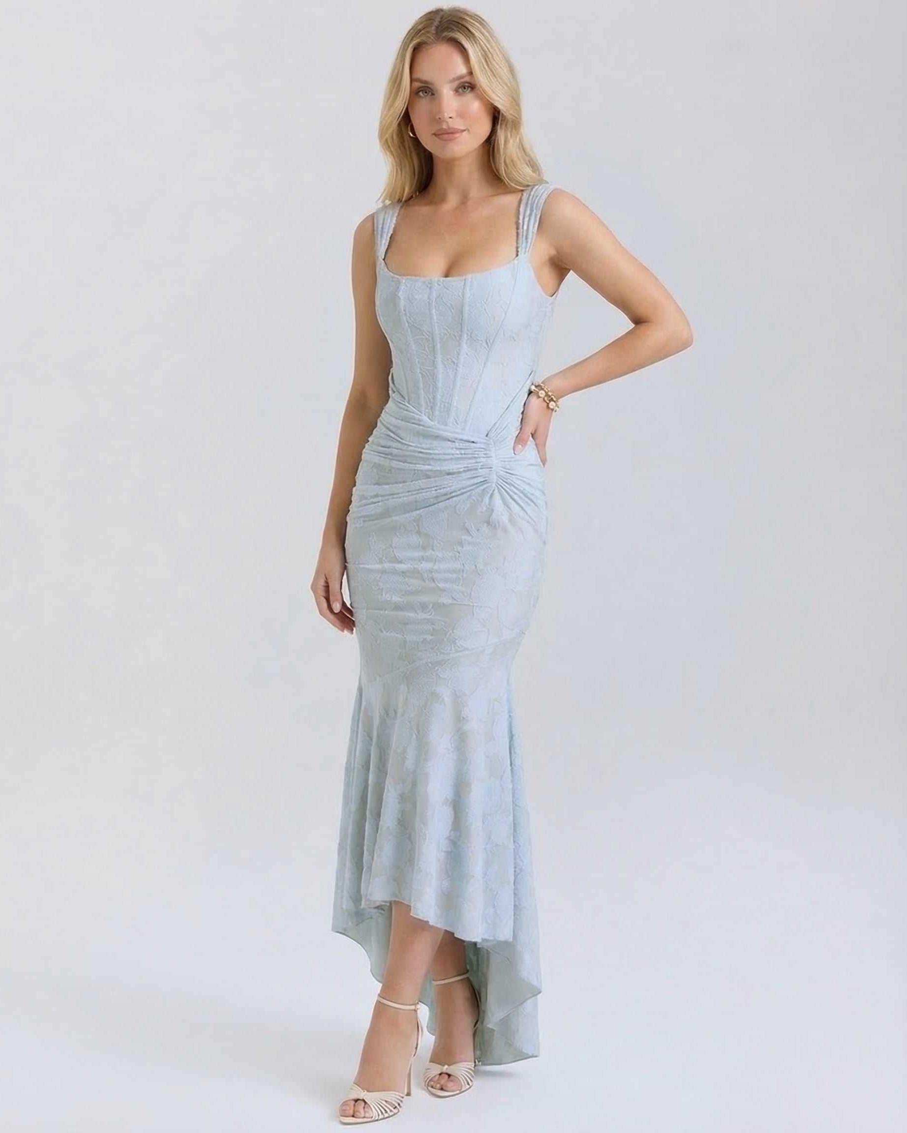 Yafa Maxi Dress, red ankle-length, 100% polyester satin, square neck, sophisticated, RAMBLION brand, perfect for special occasions.