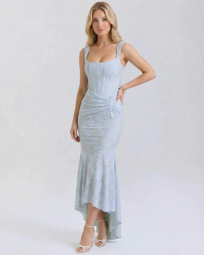 Yafa Maxi Dress, red ankle-length, 100% polyester satin, square neck, sophisticated, RAMBLION brand, perfect for special occasions.