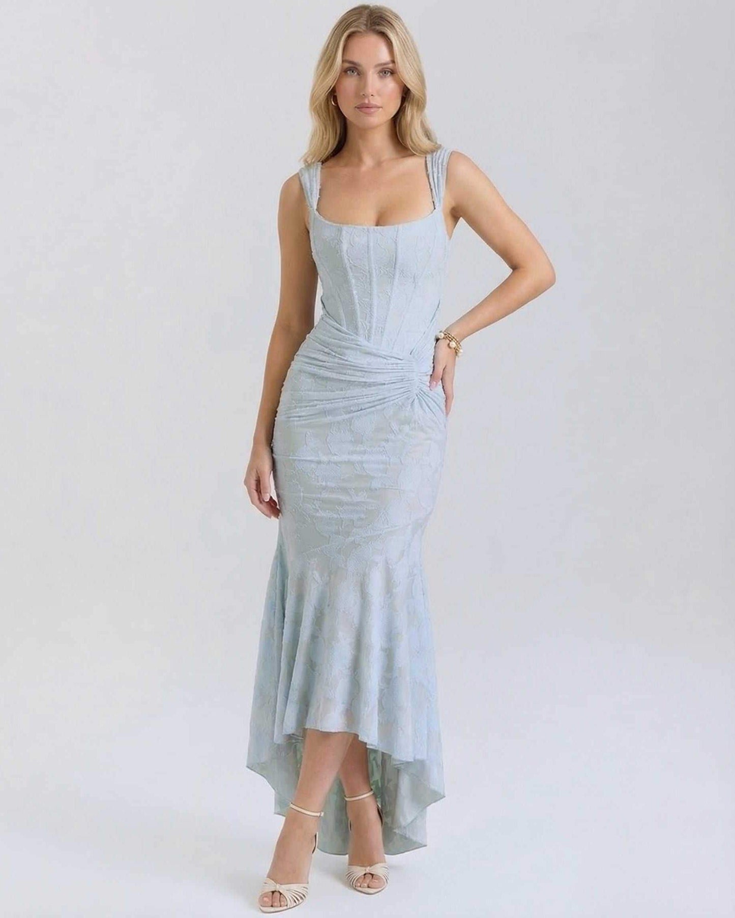 Yafa Maxi Dress in serene blue, square neck, ankle-length, elegant fit, perfect for special occasions by RAMBLION.