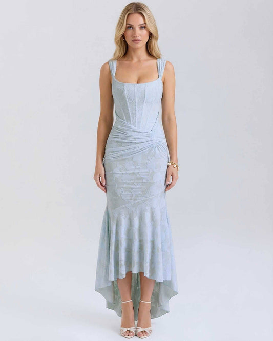 Yafa Maxi Dress in serene blue, featuring textured jacquard fabric, square neck, perfect for elegant occasions - RAMBLION.