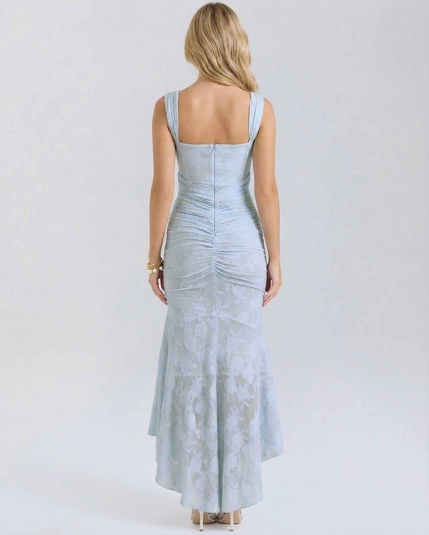 Yafa Maxi Dress back view, serene blue jacquard, square neck, elegant design by RAMBLION, perfect for formal occasions.