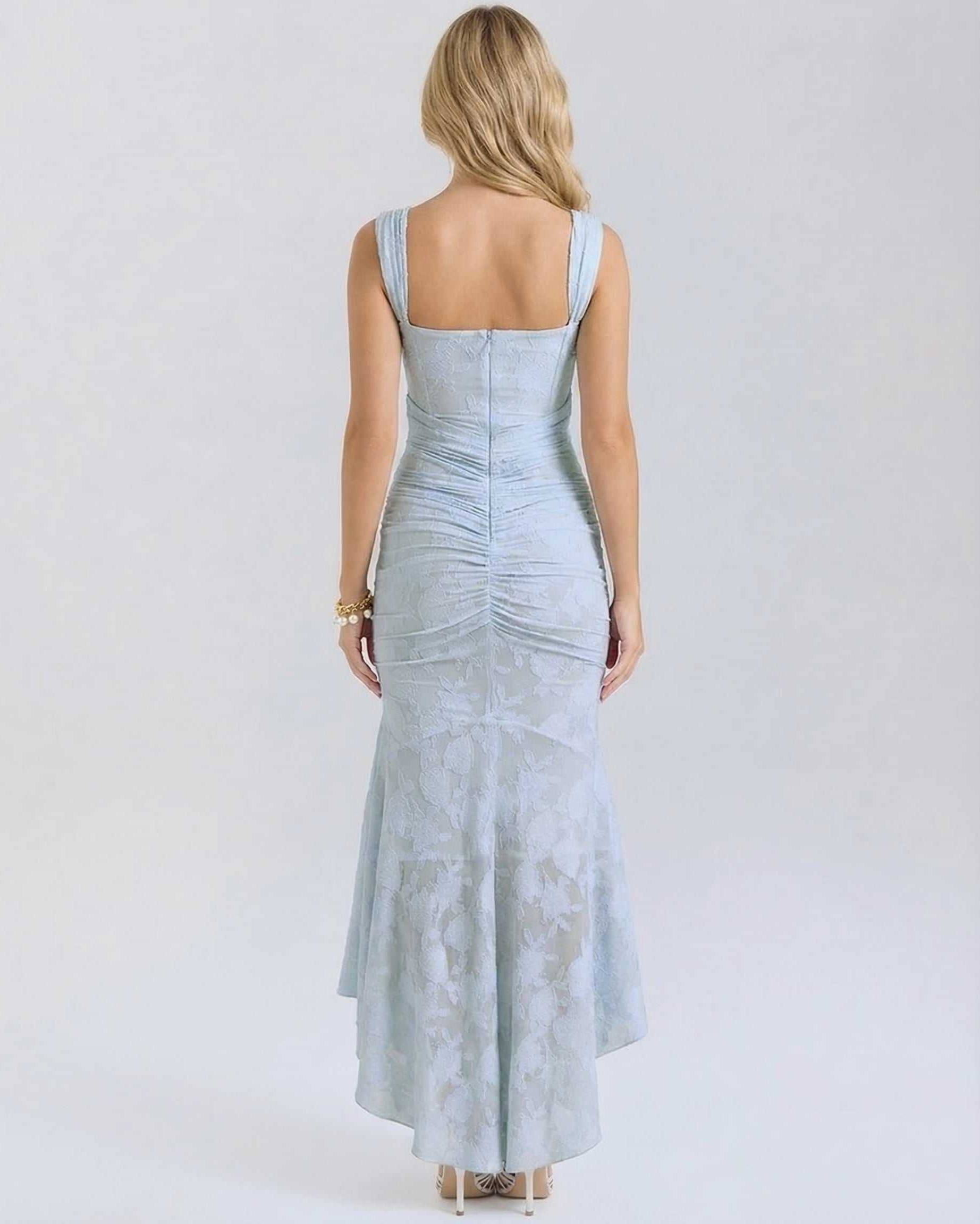 Yafa Maxi Dress back view, serene blue jacquard, square neck, elegant design by RAMBLION, perfect for formal occasions.