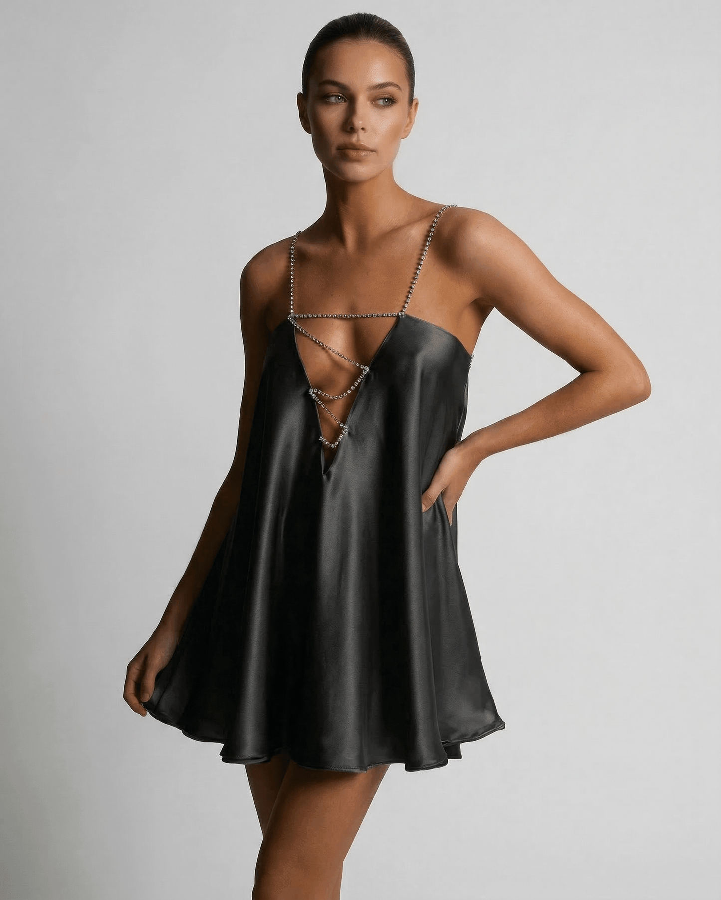 Yafe Mini Dress featuring a V-neckline, spaghetti straps, and a flowy A-line silhouette by RAMBLION, perfect for summer occasions.
