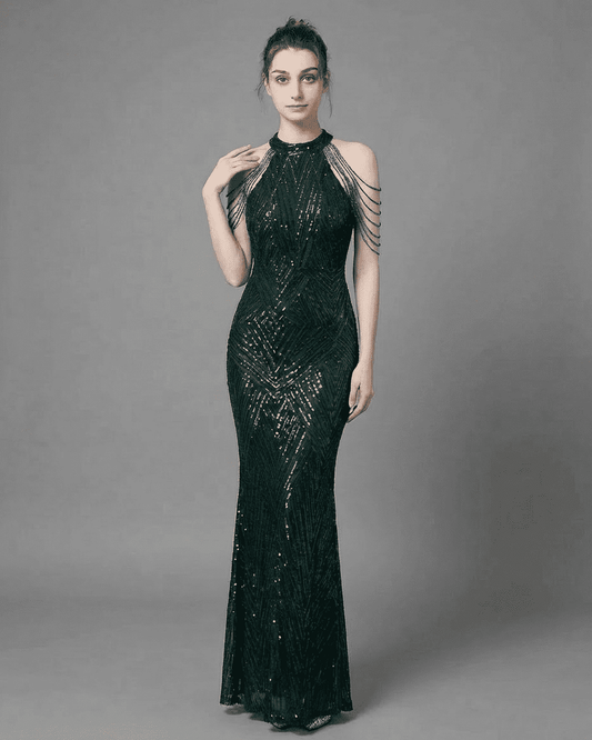 Yafe Maxi Dress featuring a halter neckline, intricate sequins, perfect for elegant occasions by RAMBLION.