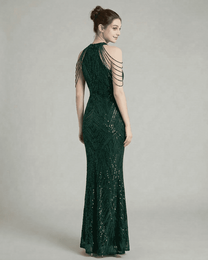 Yafe Maxi Dress featuring a halter neckline, beaded details, and sequin embellishments in emerald green, ideal for elegant occasions.