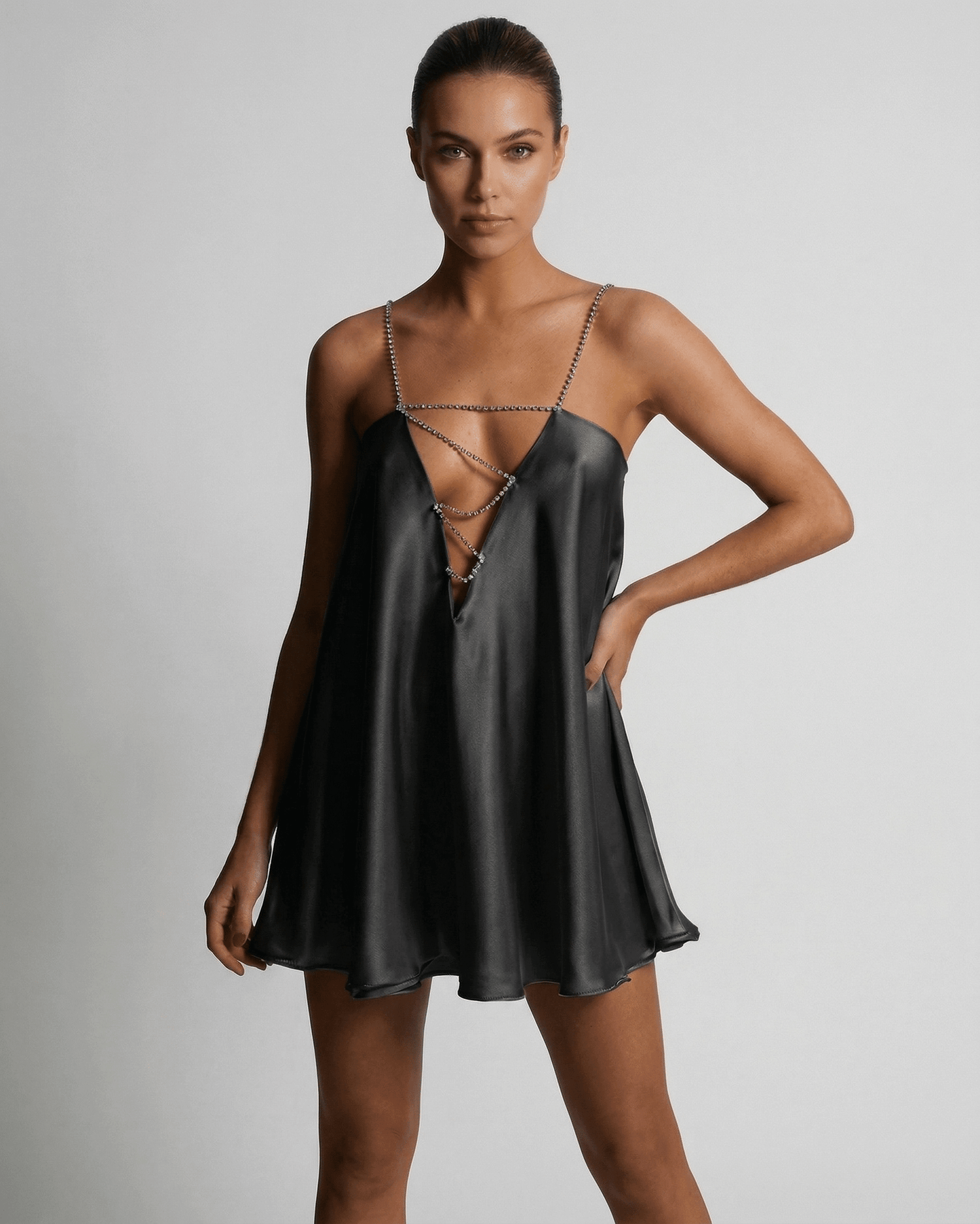 Yafe Mini Dress, black, V-neck, spaghetti straps, lightweight, chic design for summer occasions by RAMBLION.