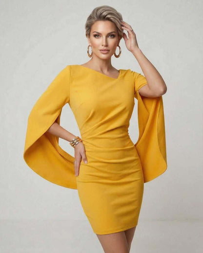 Yafu Mini Dress in vibrant yellow, featuring cloak sleeves and sheath silhouette, perfect for stylish occasions. RAMBLION brand.