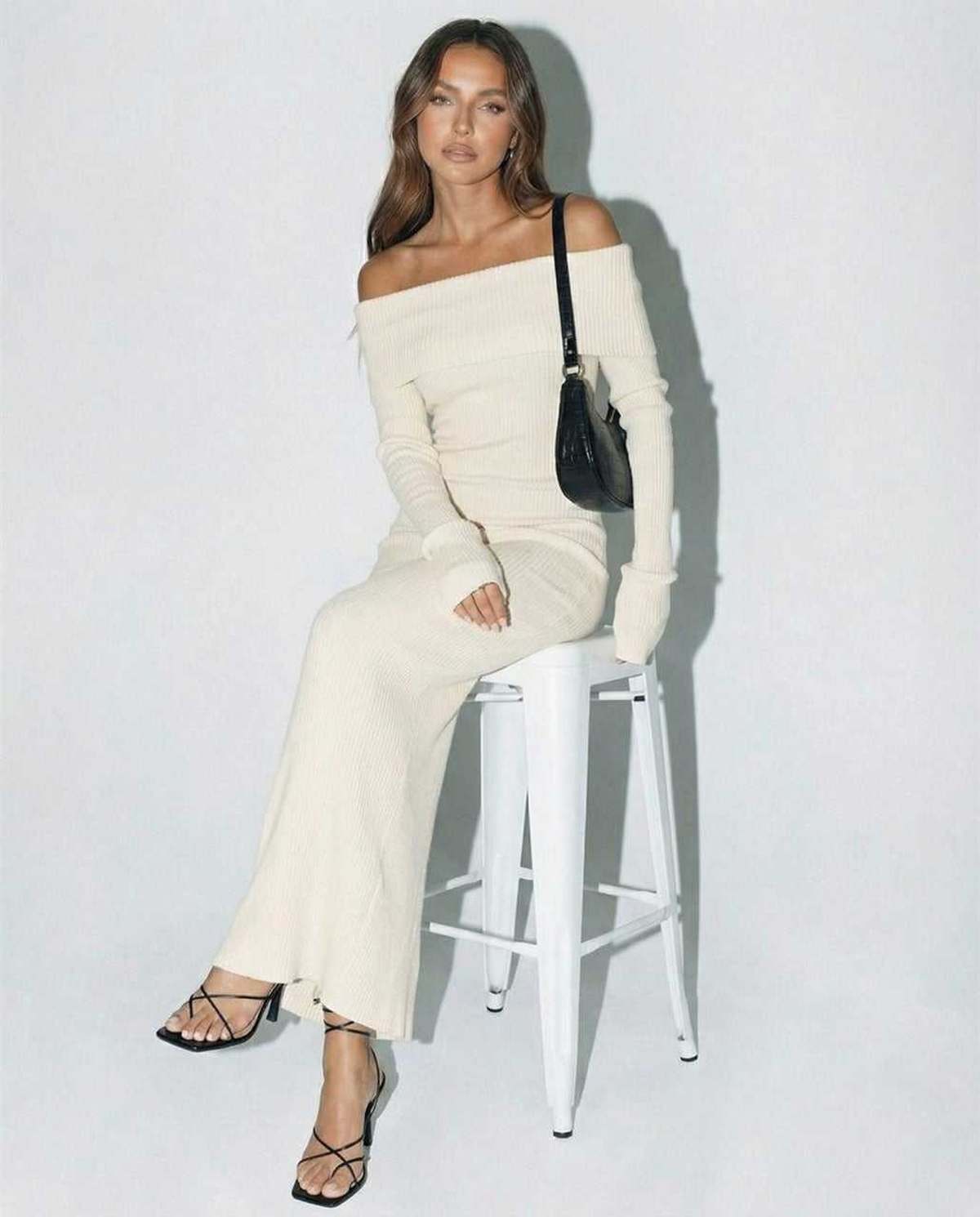 Yafy Maxi Dress in off shoulder style, white ankle-length elegance perfect for any occasion by RAMBLION.