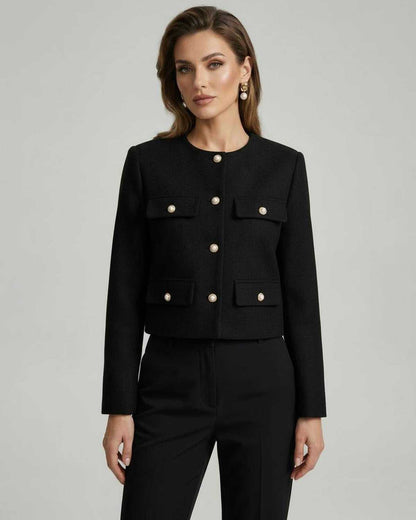 Yaia Jacket by RAMBLION, black cropped wool blend, structured design with gold buttons, perfect for modern women's wardrobe.