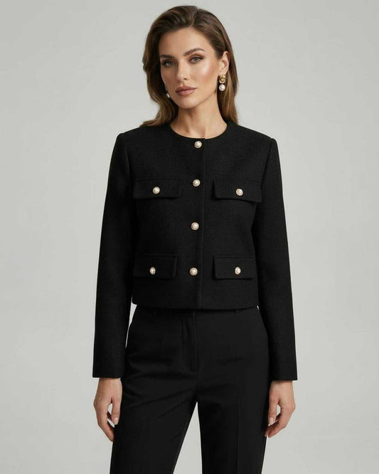 Yaia Jacket by RAMBLION, black cropped wool blend, structured design with gold buttons, perfect for modern women's wardrobe.