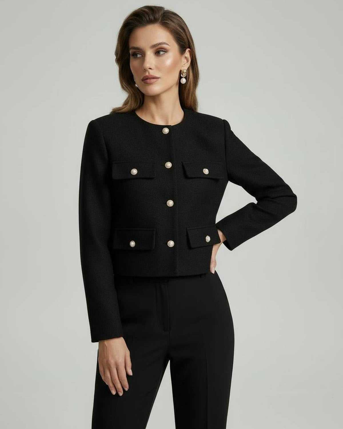 Yaia Jacket by RAMBLION, black wool blend, cropped silhouette, sophisticated style, perfect for cooler seasons.