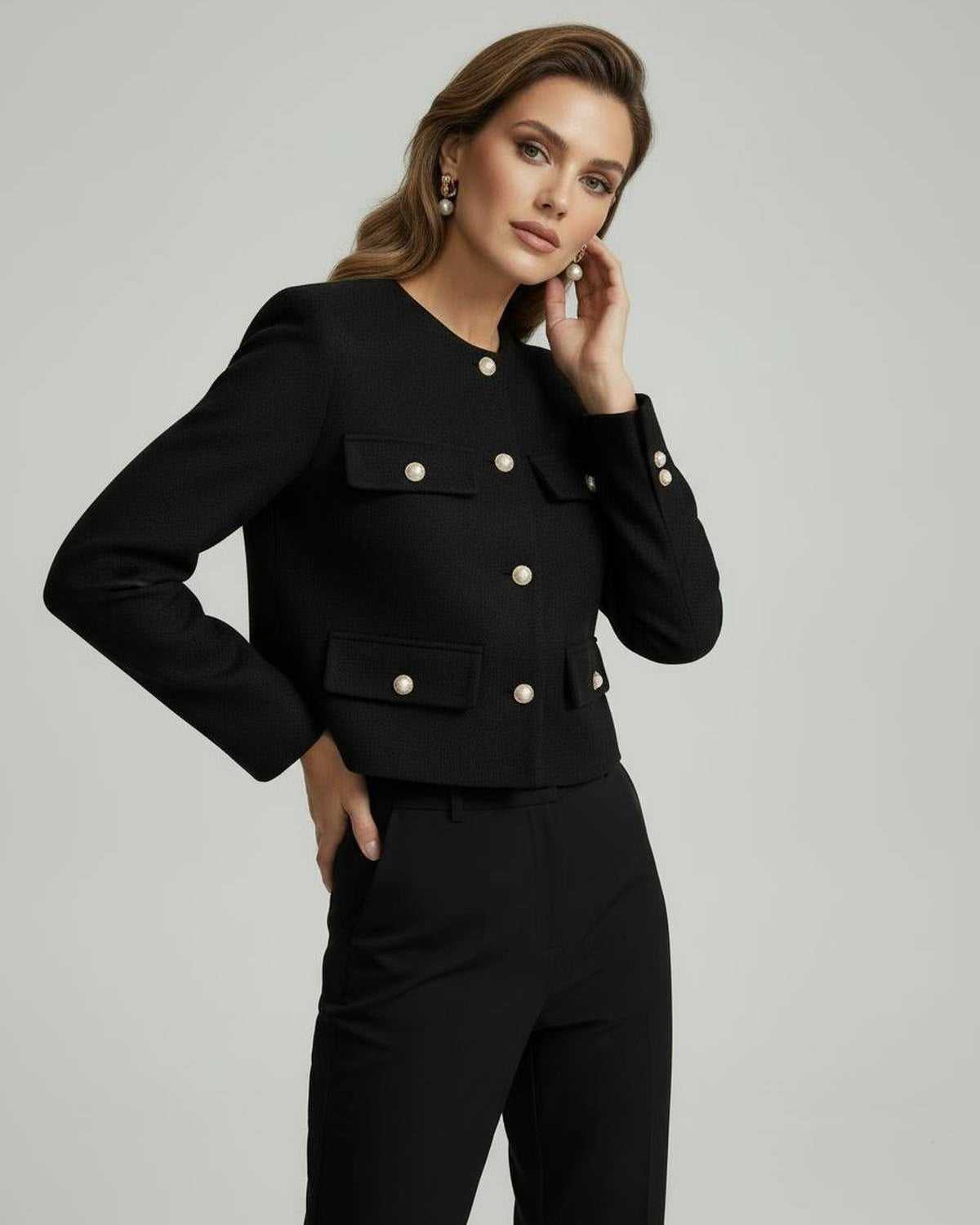 Yaia Jacket by RAMBLION, black wool blend, cropped silhouette, warm and sophisticated for modern women's wardrobe.