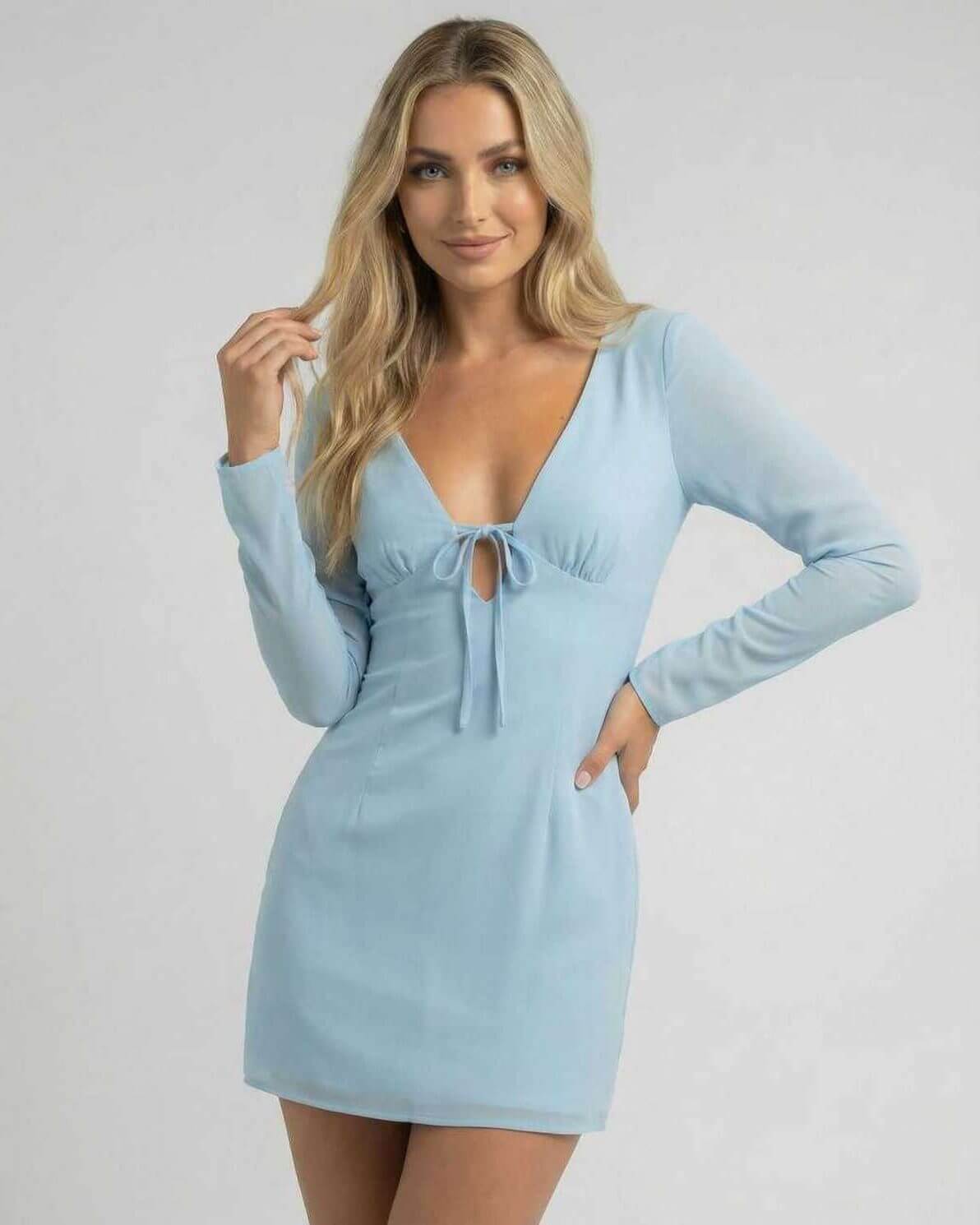 Yaia Mini Dress, blue cotton blend, V Neck design, lightweight, elegant feel, perfect for casual or formal occasions, RAMBLION.