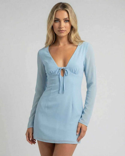Yaia Mini Dress in blue, featuring a V neck and lightweight fabric, perfect for modern elegance by RAMBLION.