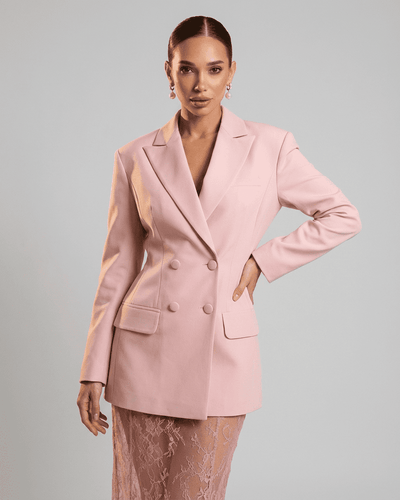 Yama Blazer in soft pink, double-breasted design, perfect for elegant occasions by RAMBLION.