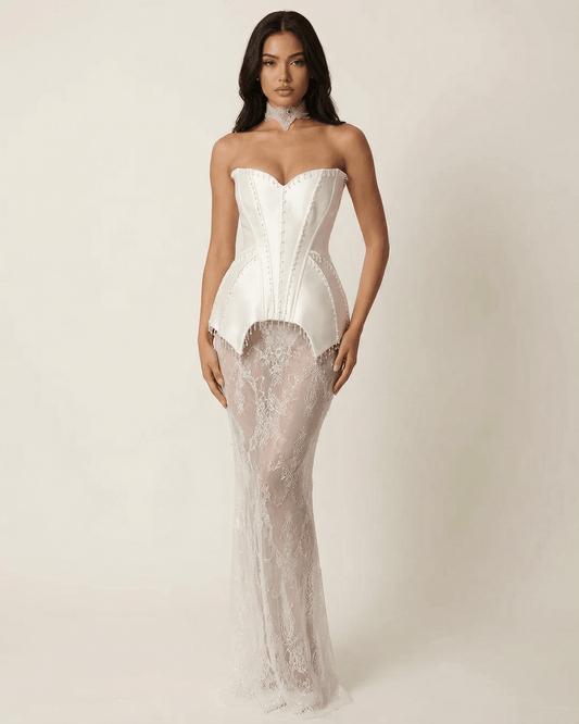 Yama Maxi Dress by RAMBLION, strapless white gown with lace details, perfect for special occasions.