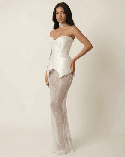 Ivory Bodycon Strapless Maxi Dress | Gala Nights & Guest of Wedding, side view | Ramblion | SKU: LMD-48372-ivory-L-7146,LMD-48372-ivory-M-1935,LMD-48372-ivory-S-6169,LMD-48372-ivory-XL-6286,LMD-48372-ivory-XS-1809