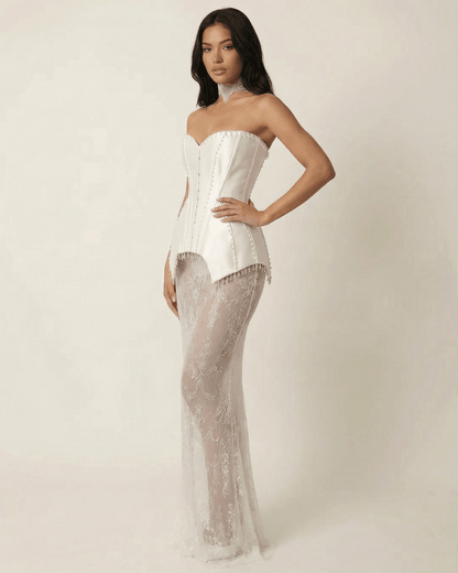 Ivory Bodycon Strapless Maxi Dress | Gala Nights & Guest of Wedding, side view | Ramblion | SKU: LMD-48372-ivory-L-7146,LMD-48372-ivory-M-1935,LMD-48372-ivory-S-6169,LMD-48372-ivory-XL-6286,LMD-48372-ivory-XS-1809