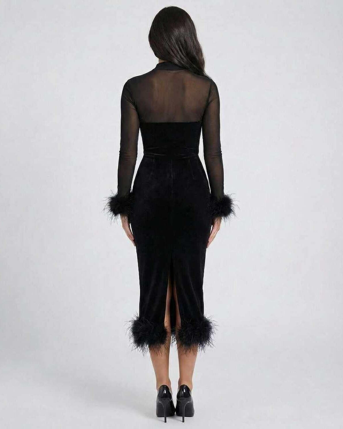 Yama Midi Dress back view, featuring plush velvet, sheer fabric and feather details, perfect for elegant evening occasions by RAMBLION.