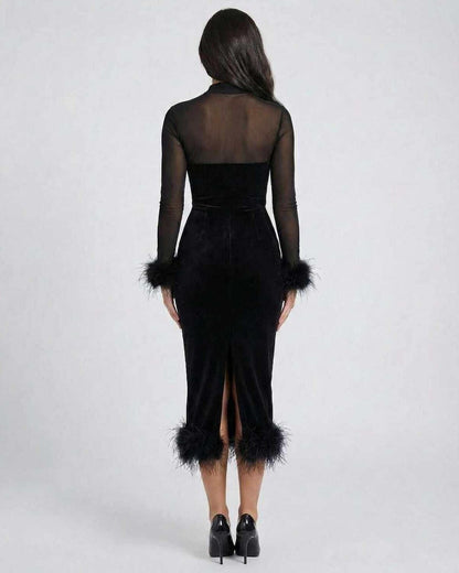 Yama Midi Dress back view, featuring plush velvet, sheer fabric and feather details, perfect for elegant evening occasions by RAMBLION.