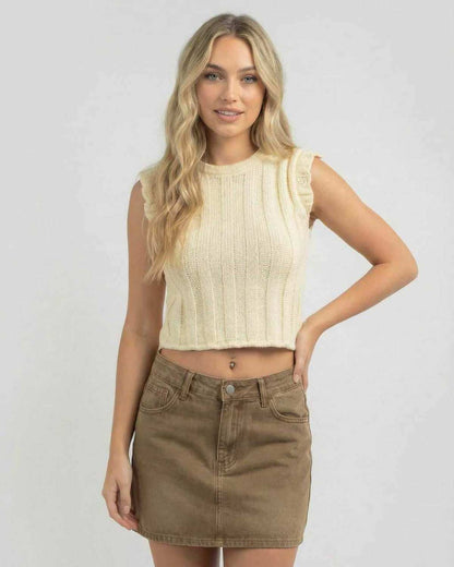 Yama Top beige cropped sleeveless top in soft cotton, perfect for summer casual outings by RAMBLION.