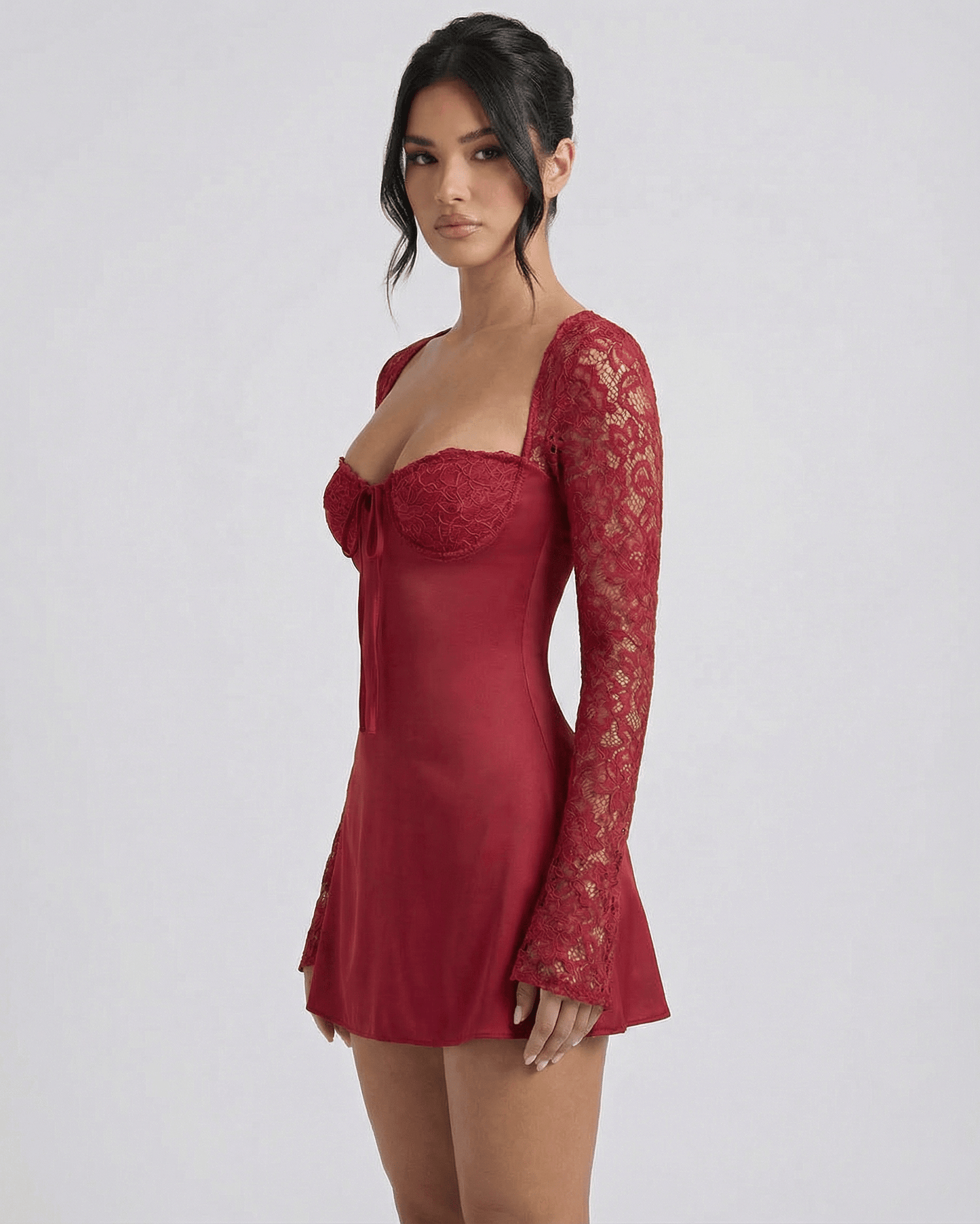 Yeda Mini Dress in red featuring lace long sleeves, square neckline, perfect for evening outings, by RAMBLION.