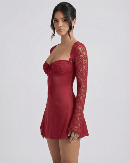 Yeda Mini Dress in red featuring lace long sleeves, square neckline, perfect for evening outings, by RAMBLION.