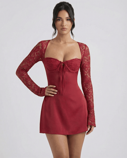 Yeda Mini Dress by RAMBLION, red satin finish, square neck, lace long sleeves, perfect for evening outings.