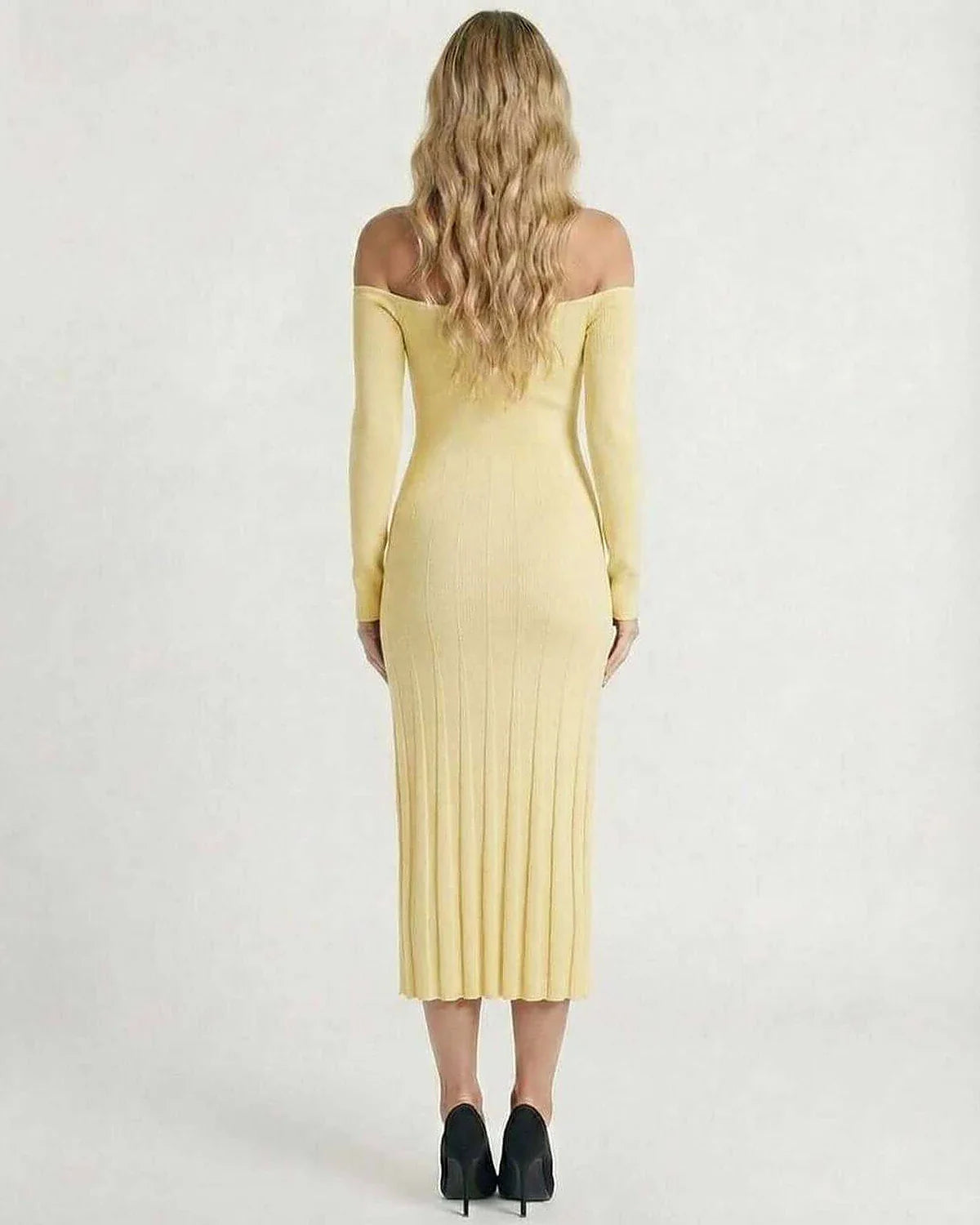 Yellow Bodycon Round Neck Long Sleeve Midi Dress | Gala Nights & Day-to-Night, back view | Ramblion | SKU: SMD-374829105-yellow-L-9744,SMD-374829105-yellow-M-971,SMD-374829105-yellow-S-4640,SMD-374829105-yellow-XL-6197,SMD-374829105-yellow-XS-7627