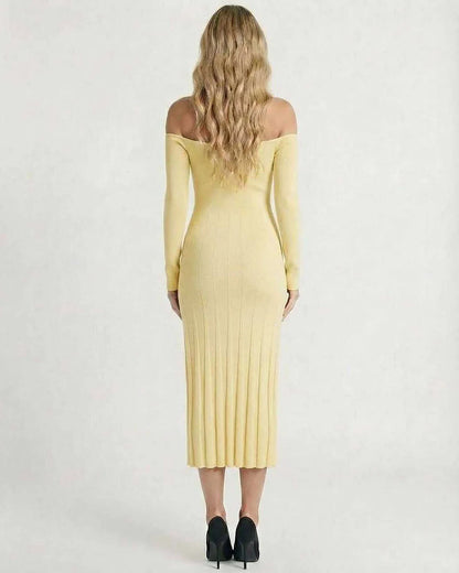 Yellow Bodycon Round Neck Long Sleeve Midi Dress | Gala Nights & Day-to-Night, back view | Ramblion | SKU: SMD-374829105-yellow-L-9744,SMD-374829105-yellow-M-971,SMD-374829105-yellow-S-4640,SMD-374829105-yellow-XL-6197,SMD-374829105-yellow-XS-7627