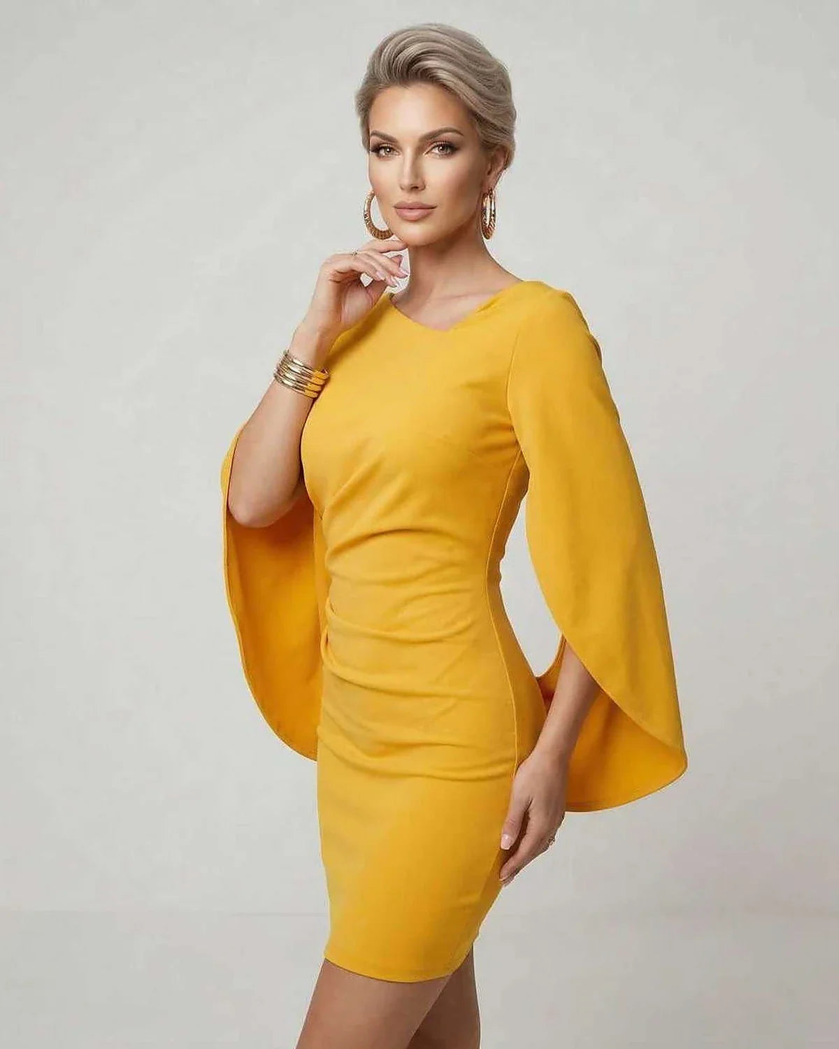 Yellow Bodycon Round Neck Sleeveless Mini Dress | Guest of Wedding, side view | Ramblion | SKU: SMN-739284615-yellow-L-1861,SMN-739284615-yellow-M-6126,SMN-739284615-yellow-S-7513,SMN-739284615-yellow-XL-2248,SMN-739284615-yellow-XS-9963