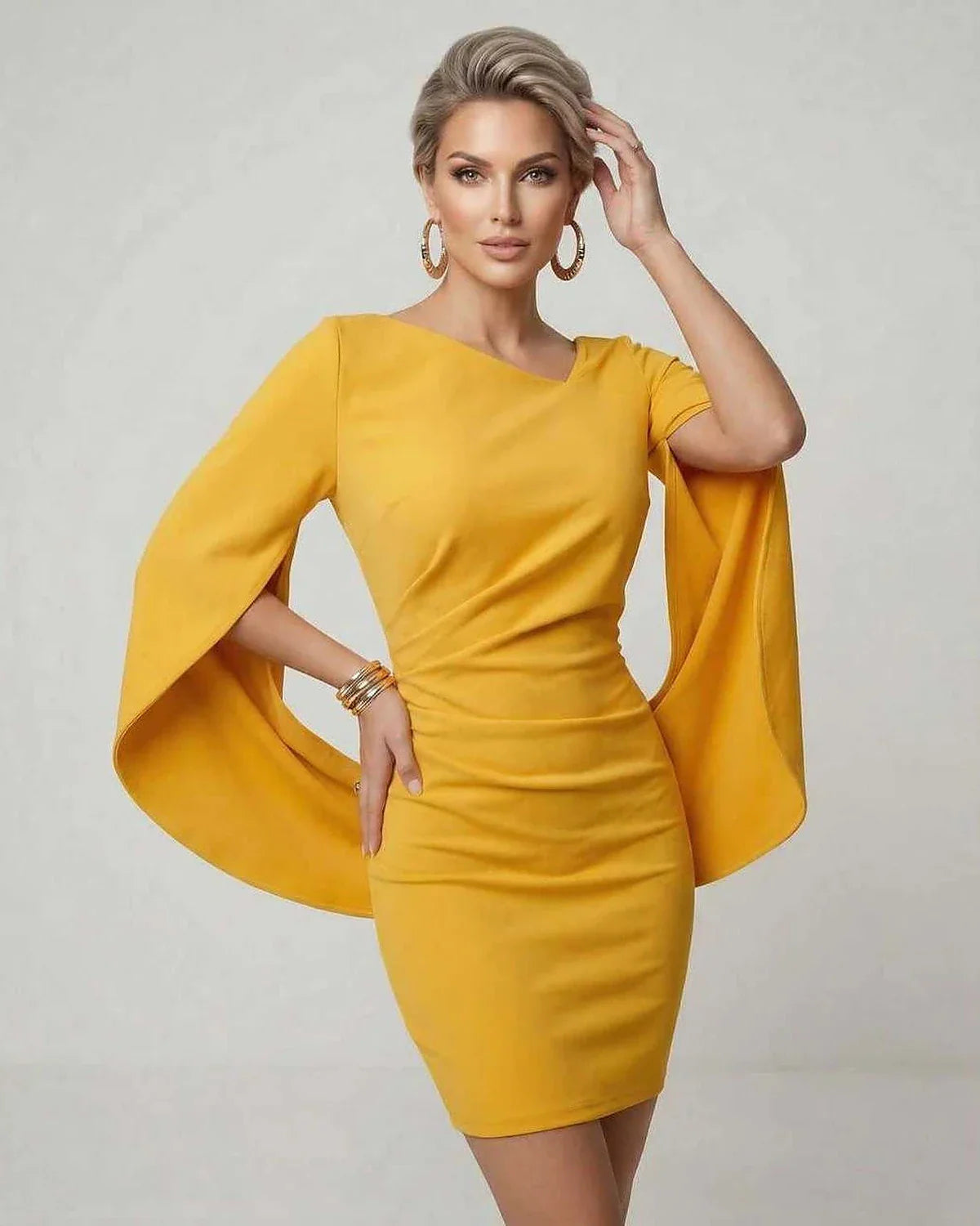 Yellow Bodycon Round Neck Sleeveless Mini Dress | Guest of Wedding, front view | Ramblion | SKU: SMN-739284615-yellow-L-1861,SMN-739284615-yellow-M-6126,SMN-739284615-yellow-S-7513,SMN-739284615-yellow-XL-2248,SMN-739284615-yellow-XS-9963