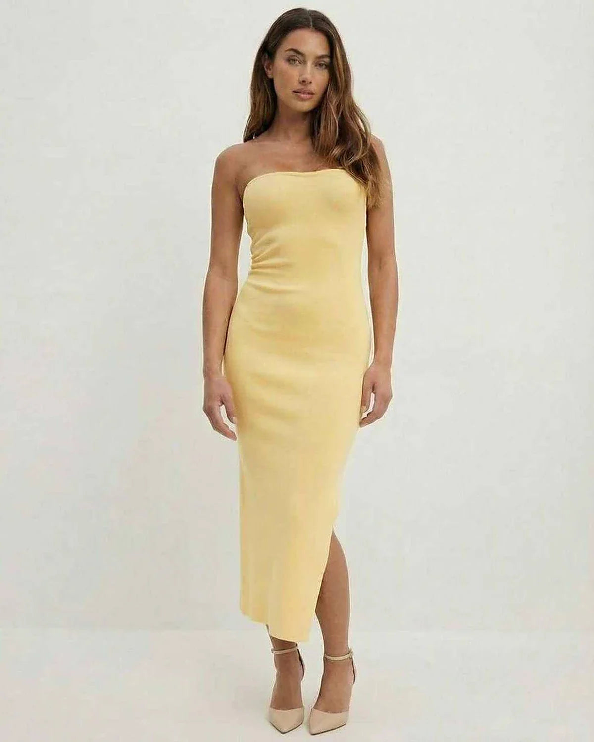 Yellow Cotton Bodycon Strapless Midi Dress | Formal Occasions & Weekend Wear, front view | Ramblion | SKU: CMD-581209374-yellow-L-7263,CMD-581209374-yellow-M-5313,CMD-581209374-yellow-S-8995,CMD-581209374-yellow-XL-8558,CMD-581209374-yellow-XS-9372
