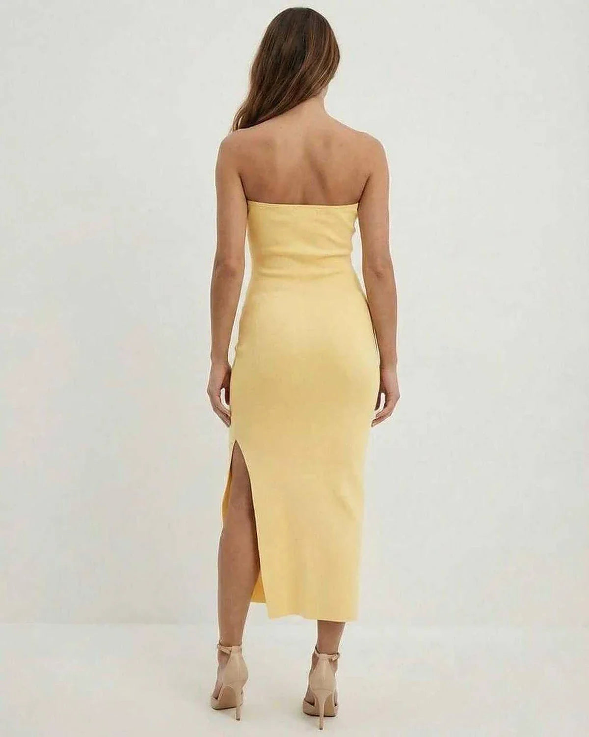 Yellow Cotton Bodycon Strapless Midi Dress | Formal Occasions & Weekend Wear, back view | Ramblion | SKU: CMD-581209374-yellow-L-7263,CMD-581209374-yellow-M-5313,CMD-581209374-yellow-S-8995,CMD-581209374-yellow-XL-8558,CMD-581209374-yellow-XS-9372