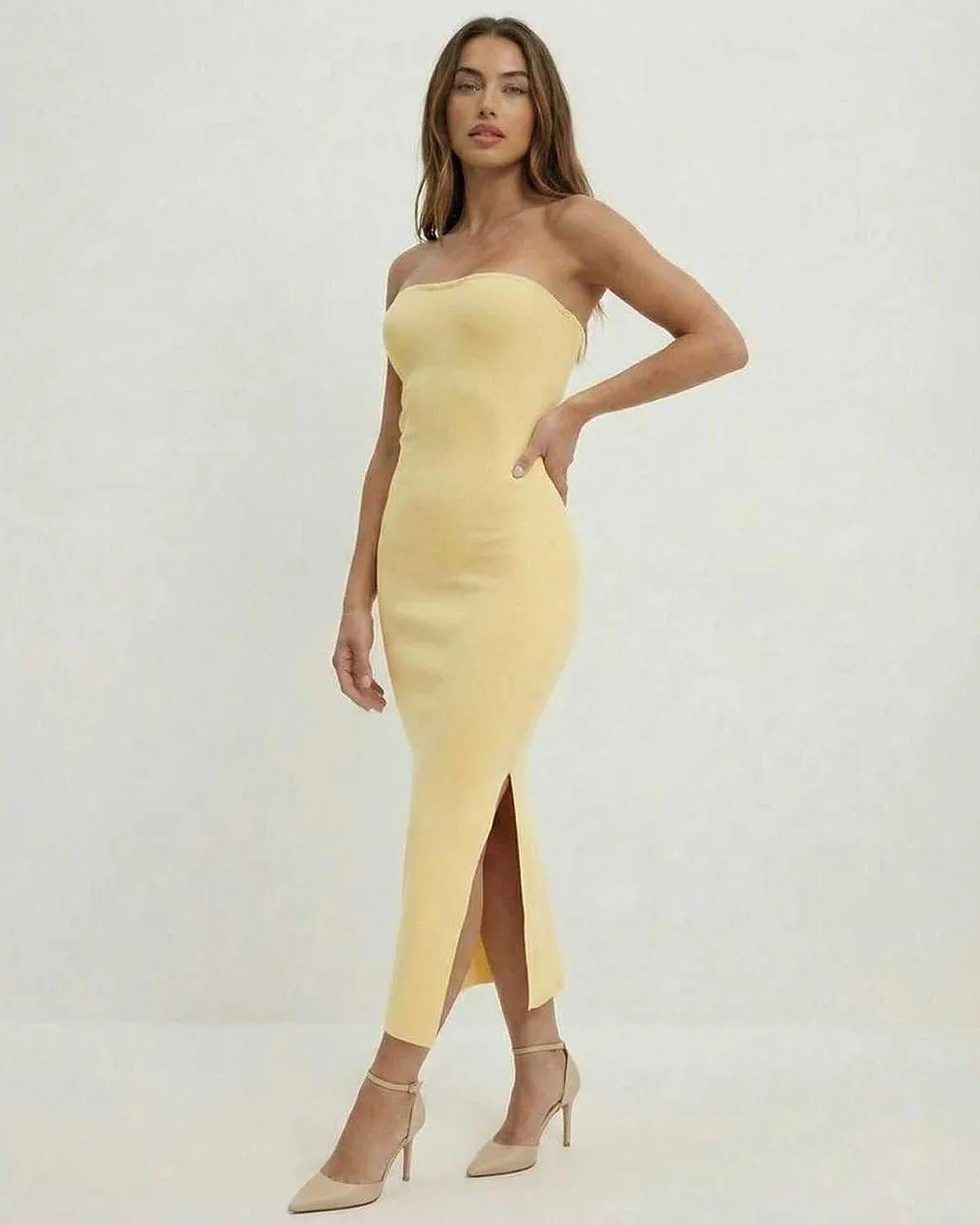 Yellow Cotton Bodycon Strapless Midi Dress | Formal Occasions & Weekend Wear, front view | Ramblion | SKU: CMD-581209374-yellow-L-7263,CMD-581209374-yellow-M-5313,CMD-581209374-yellow-S-8995,CMD-581209374-yellow-XL-8558,CMD-581209374-yellow-XS-9372
