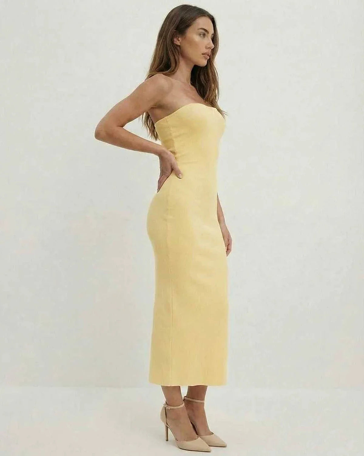 Yellow Cotton Bodycon Strapless Midi Dress | Formal Occasions & Weekend Wear, side view | Ramblion | SKU: CMD-581209374-yellow-L-7263,CMD-581209374-yellow-M-5313,CMD-581209374-yellow-S-8995,CMD-581209374-yellow-XL-8558,CMD-581209374-yellow-XS-9372