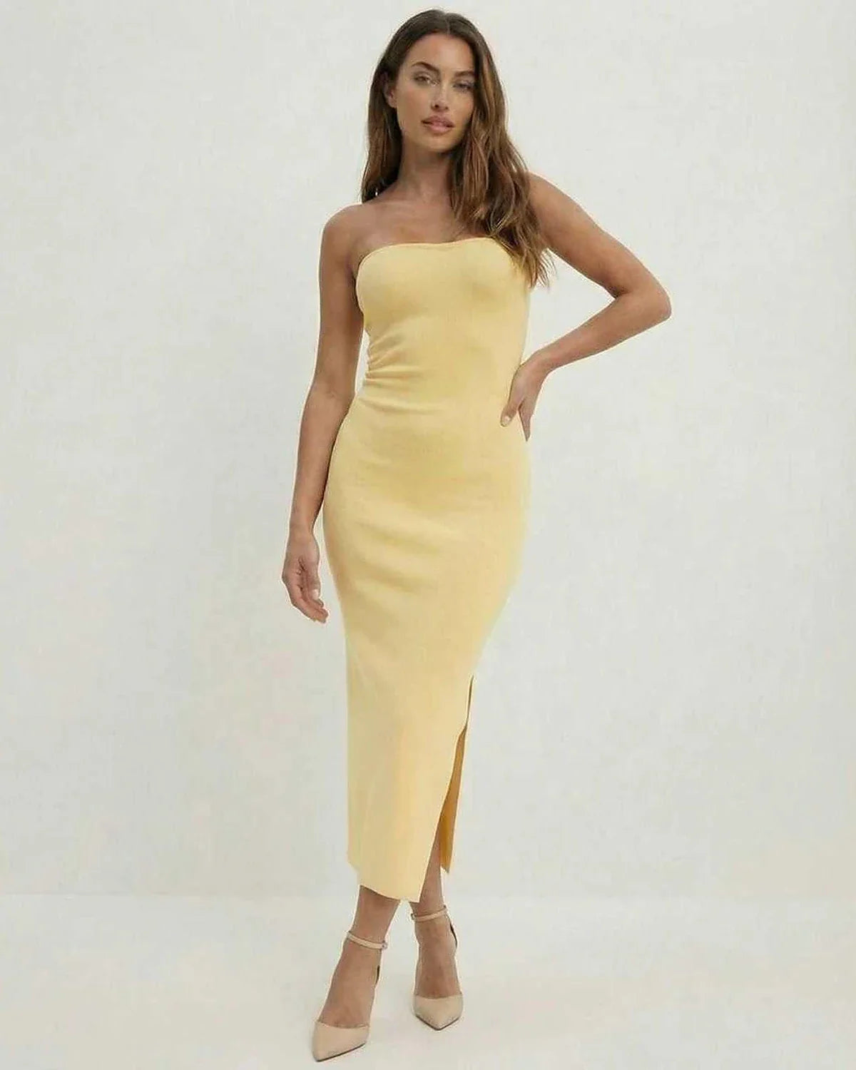 Yellow Cotton Bodycon Strapless Midi Dress | Formal Occasions & Weekend Wear, front view | Ramblion | SKU: CMD-581209374-yellow-L-7263,CMD-581209374-yellow-M-5313,CMD-581209374-yellow-S-8995,CMD-581209374-yellow-XL-8558,CMD-581209374-yellow-XS-9372