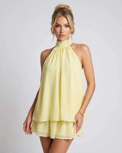 Yellow,light Blue,beige,red,brown,black,white,green Chiffon A-line Halter Sleeveless Mini Dress | Prom & Cocktail Hour, front