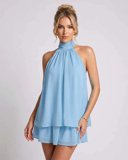 Yellow,light Blue,beige,red,brown,black,white,green Chiffon A-line Halter Sleeveless Mini Dress | Prom & Cocktail Hour, front