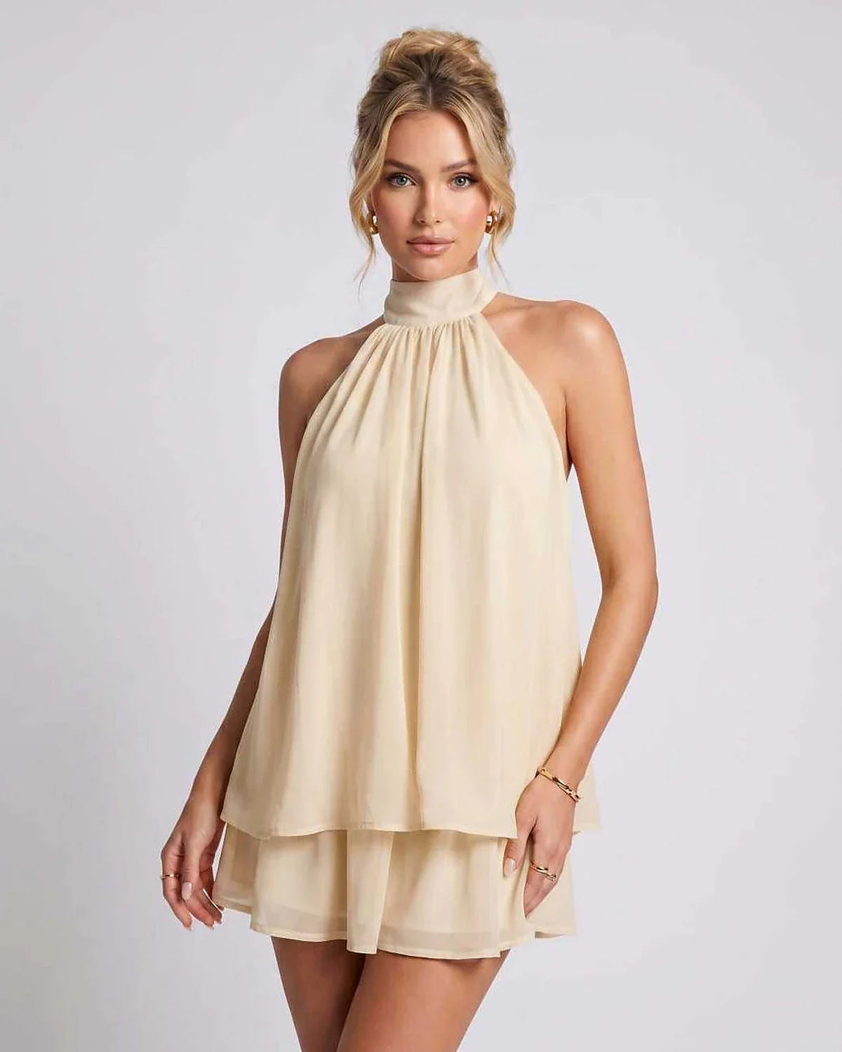 Yellow,light Blue,beige,red,brown,black,white,green Chiffon A-line Halter Sleeveless Mini Dress | Prom & Cocktail Hour, front