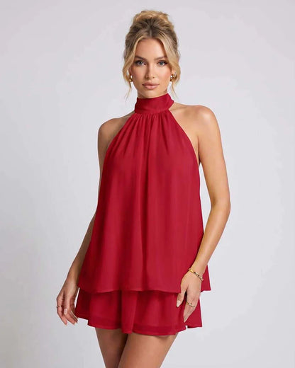 Yellow,light Blue,beige,red,brown,black,white,green Chiffon A-line Halter Sleeveless Mini Dress | Prom & Cocktail Hour, front