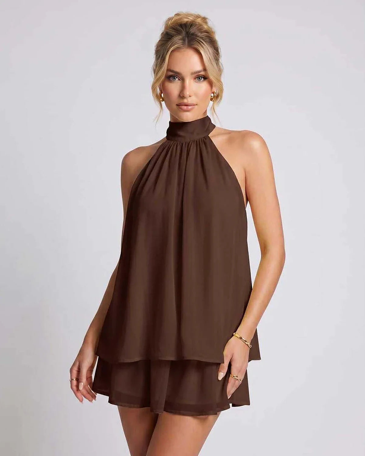 Yellow,light Blue,beige,red,brown,black,white,green Chiffon A-line Halter Sleeveless Mini Dress | Prom & Cocktail Hour, front