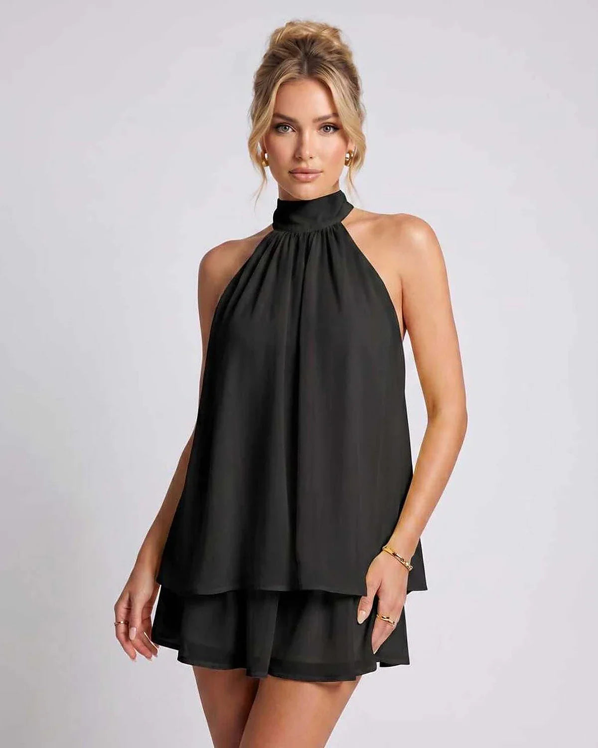 Yellow,light Blue,beige,red,brown,black,white,green Chiffon A-line Halter Sleeveless Mini Dress | Prom & Cocktail Hour, front