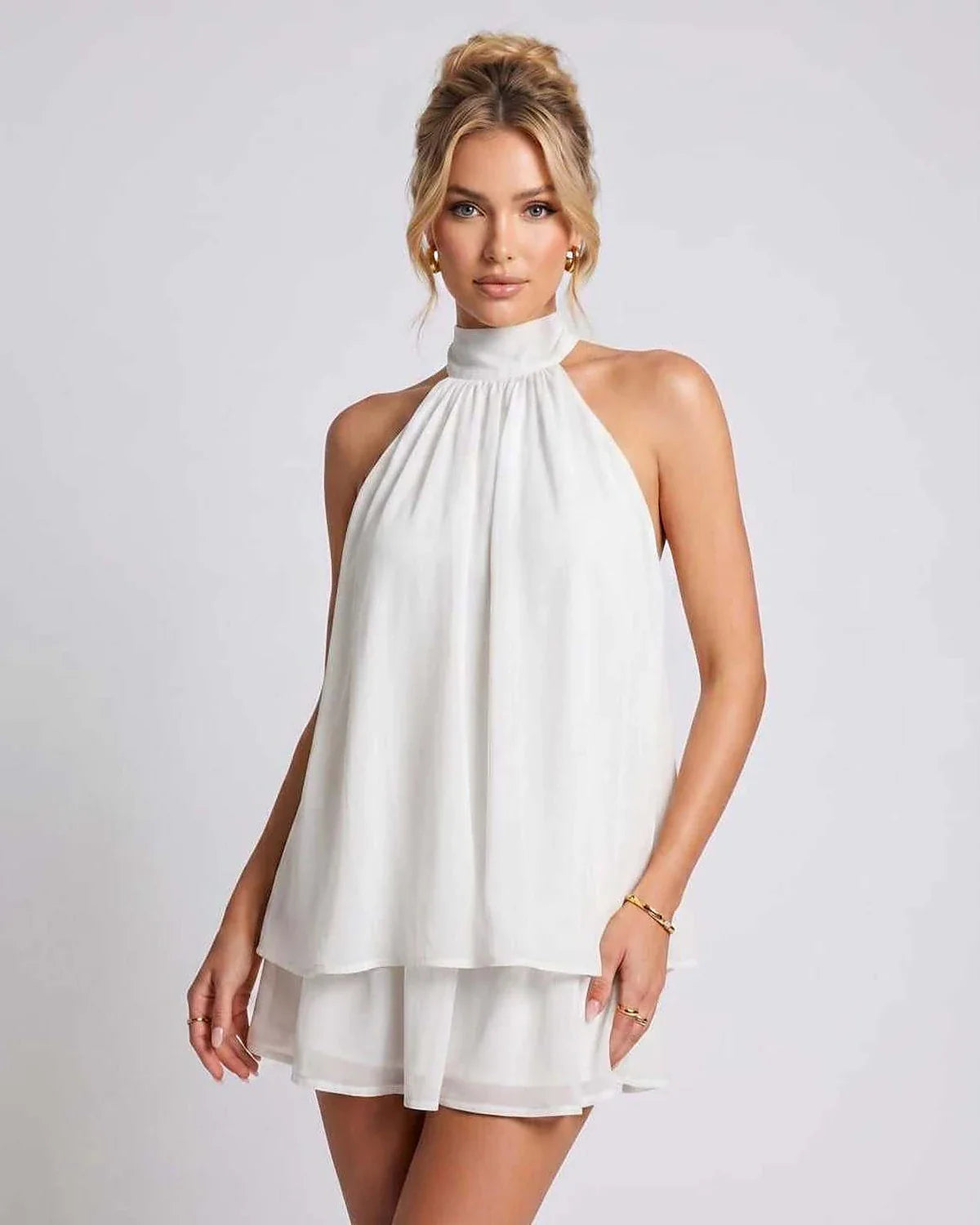 Yellow,light Blue,beige,red,brown,black,white,green Chiffon A-line Halter Sleeveless Mini Dress | Prom & Cocktail Hour, front