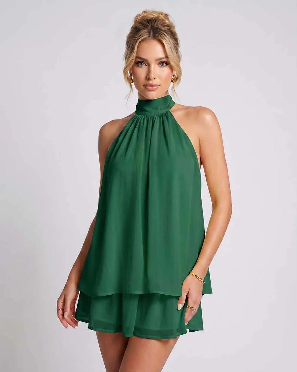 Yellow,light Blue,beige,red,brown,black,white,green Chiffon A-line Halter Sleeveless Mini Dress | Prom & Cocktail Hour, front